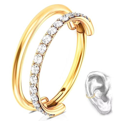 G23 Titanium Conch Piercing Jewelry Hoop: 16G 8mm/10mm/12mm Diamond Cartilage Earring Helix Double Piercing Hoop Septum Rings Hypoallergenic Nose Rings Hinged Segment Clicker Lip Rings Rook Daith Tragus Earrings - color: Gold-Double Layers, One Row CZ