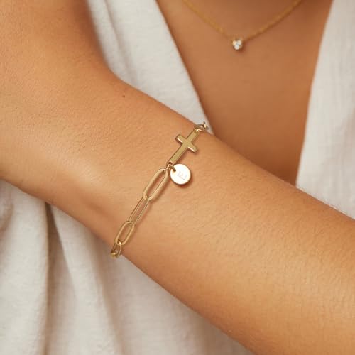 Gold Bracelets for Women,14K Gold-Plated Dainty A-Z Letter Cross Initial Bracelet for Women, Hypoallergenic Paperclip Chain Bracelets Fashion Accessories Religious Christian Gift - color: T