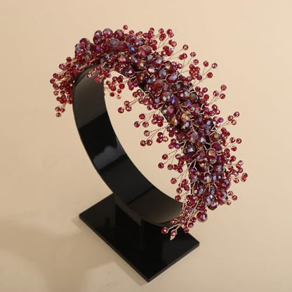 Rhinestones Beads Hair Crown for Wedding Brides Women Tiara Jewelry Handmade Sparkle Hair Piece - color: Red