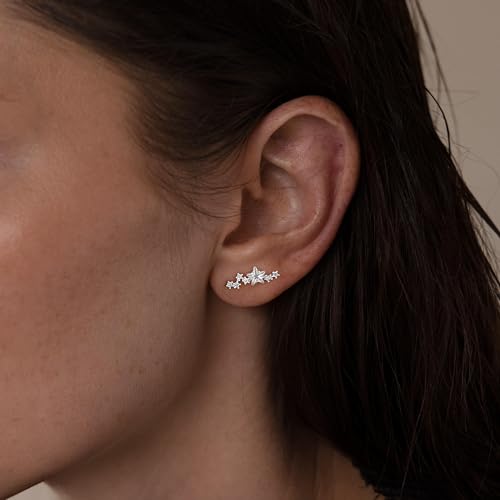 Robaice Cartilage Climber Earrings for Women，14K Gold Plated Helix Stud | Trendy Cluster Earrings, CZ Stud Earring, Tragus Conch Daith Piercing, Ear Crawer,Hypoallergenic Jewelry Gift for Women - color: E-Silver Star
