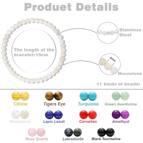 Raicegs 4 6 8MM Beaded Bracelets Healing Crystal Bracelet for Women Men Natural Stone Handmade Stretch Bracelet Reiki Spiritual Jewelry - color: Moonstone, size: 4mm