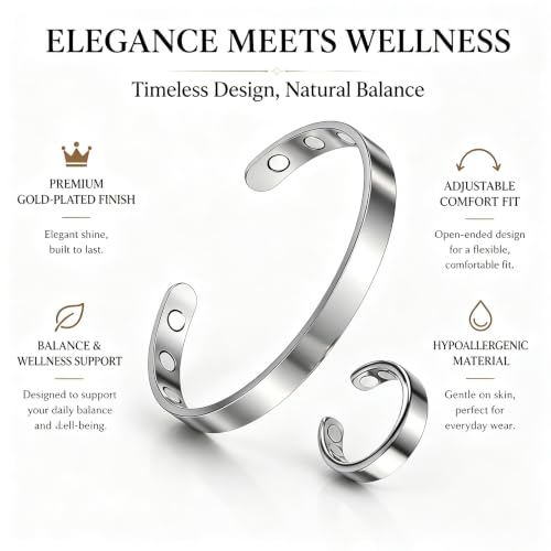 Calming Bracelet Ring Set for Women, Menopause Bracelets Adjustable Bangle Stainless Steel Cuff Climacterium Anxiety Stress Relief Energy Open Jewelry Gift - color: Silver + Silver