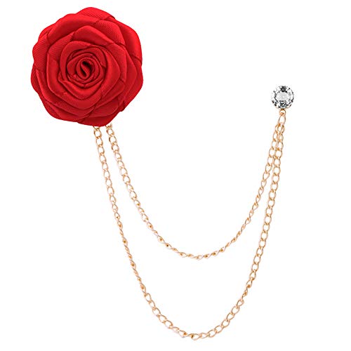 Fashion Bridegroom Wedding Brooches Cloth Art Hand-Made Rose Flower Brooch Lapel Pin Badge Tassel Chain Men's Suit Accessories - color: Red