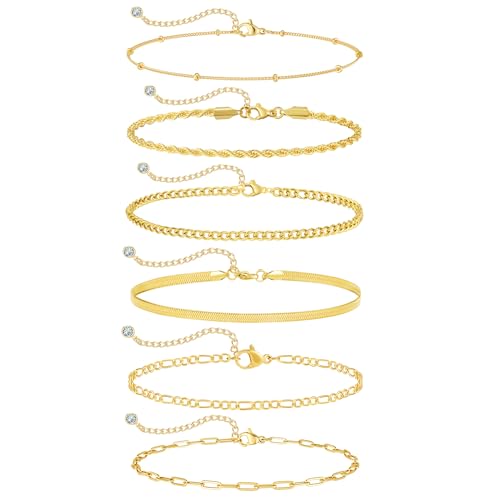 Rotnso Anklets for Women 14K Gold Silver Plated Ankle Bracelets Trendy Waterproof Boho Anklets Set Adjustable Dainty Cute Diamond Beaded Heart Non Tarnish Summer Beach Jewelry Gift - style: 6Pcs Herringbone&Cuban-GD