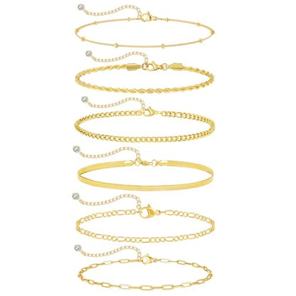 Rotnso Anklets for Women 14K Gold Silver Plated Ankle Bracelets Trendy Waterproof Boho Anklets Set Adjustable Dainty Cute Diamond Beaded Heart Non Tarnish Summer Beach Jewelry Gift - style: 6Pcs Herringbone&Cuban-GD