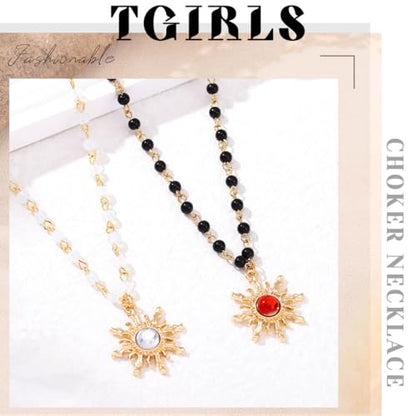 Tgirls Boho Beaded Choker Necklace Opal Bead Necklace Sun Pendant Summer Jewelry for Women - color: White-opal