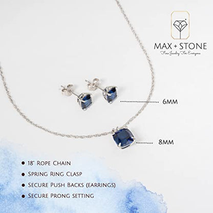 MAX + STONE 14k Gold Plated or Sterling Silver Cushion Cut Gemstone Stud Earrings and Pendant Necklace for Women with 6mm and 8mm Birthstones 18 Inch Chain and Push Backs Jewelry Set - style: Sterling Silver|Created Blue Sapphire