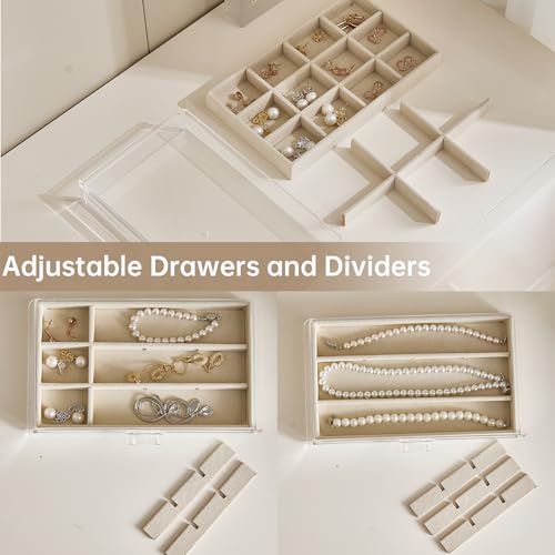 Acrylic Jewelry Box with 5 Drawers, Clear Earring Holder Organizer Rings Display Case with Adjustable Velvet Trays for Women Girls,Creamy-white - color: Creamy-white