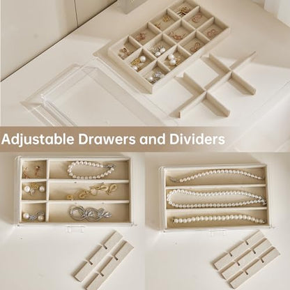 Acrylic Jewelry Box with 5 Drawers, Clear Earring Holder Organizer Rings Display Case with Adjustable Velvet Trays for Women Girls,Creamy-white - color: Creamy-white