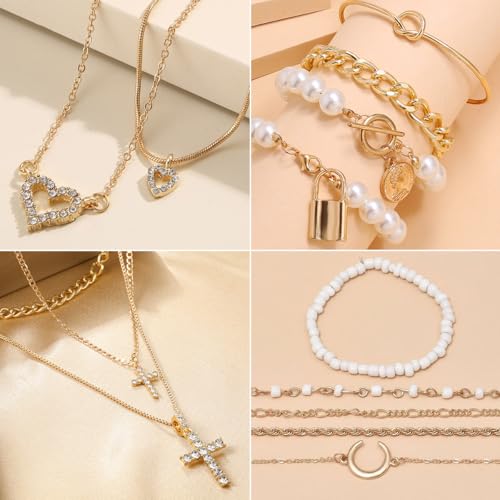 116Pieces Gold Plated Jewelry Set with 8 PCS Necklace, 22 PCS Bracelet, 66 PCS Stud Dangle Earring, 20 Pcs Knuckle Rings for Women Valentine Anniversary Friendship Gifts (GOLD SET)