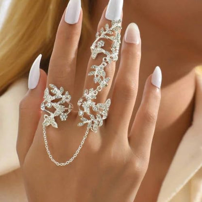 Rhinestone Finger Ring for Women Sparkly Crystal Butterfly Flower Leaf Adjustable Statement Chain Rings Punk Jewelry - color: Silver Leaf