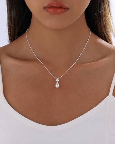 Pearl Necklaces for Women Trendy 14k Gold Plated Cubic Zirconia Pearl Pendant Necklace Valentines Day Wedding Birthday Mother's Day Gifts Dainty Gold Necklace for Women - color: Style 2 - Silver Necklace