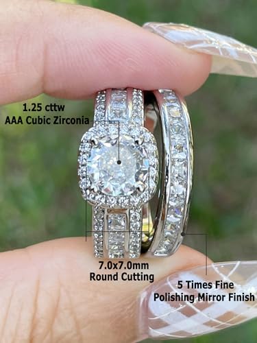 CEJUG 3Ct Princess Wedding Rings for Women Engagement Ring Set Bands 18k White Gold Plated Halo Cz Size 6-10 - color: White Silver