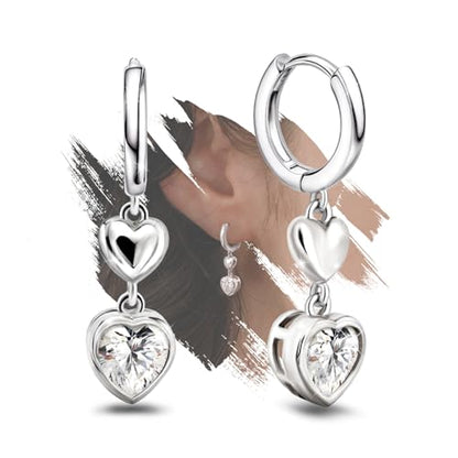 Heart Earrings for Women Girls-Sterling Silver Heart Dangle Hoop Earrings with Charm Love Huggie Hoop Earrings Hypoallergenic Delicate Jewelry Gifts for Women Girls Birthday - color: CZ Double Heart Earrings