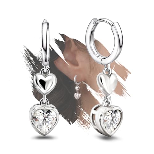 Heart Earrings for Women Girls-Sterling Silver Heart Dangle Hoop Earrings with Charm Love Huggie Hoop Earrings Hypoallergenic Delicate Jewelry Gifts for Women Girls Birthday - color: CZ Double Heart Earrings
