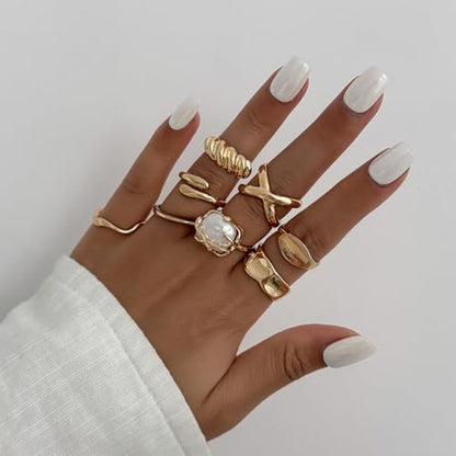 Chunky Gold Rings for Women Rhinestone Stackable Knuckle Ring Set Open Adjustable Statement Ring Set Dainty Crown Cross Midi Rings Fashion Jewelry Gift for Women - color: Gold2
