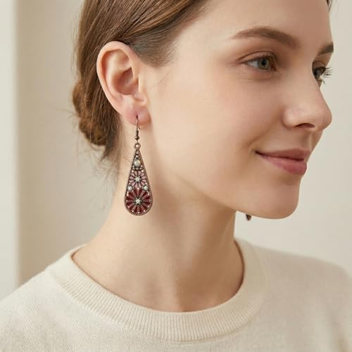Bohemian Crystal Teardrop Dangle Earrings, Copper, Tribal Geometric Design, Handmade National Style for Women - color: Purple & Red