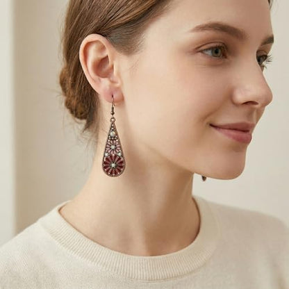Bohemian Crystal Teardrop Dangle Earrings, Copper, Tribal Geometric Design, Handmade National Style for Women - color: Purple & Red
