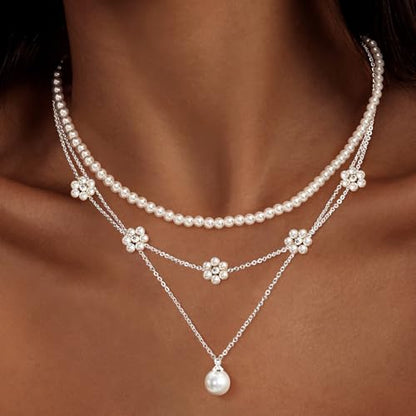 Zeffy Gold Pearl Necklace for Women, Dainty 14K Gold/Silve Plated Layered Pearl Choker Pearl Earrings Pearl Bracelets Wedding Trendy Gold Jewelry Set for Women Gifts - style: Silver Daisy Pearl Necklace-3PCS