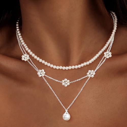 Zeffy Gold Pearl Necklace for Women, Dainty 14K Gold/Silve Plated Layered Pearl Choker Pearl Earrings Pearl Bracelets Wedding Trendy Gold Jewelry Set for Women Gifts - style: Silver Daisy Pearl Necklace-3PCS
