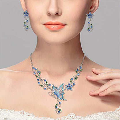 EleQueen Women's Crystal Butterfly Flower Leaf Necklace Earrings Set | Crystal Jewelry Set for Brides Bridesmaids, Necklace Set for Party - color: Sapphire