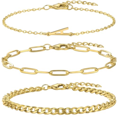 3PCS Gold Bracelet Set for Women, 14K Gold Plated Initial Letter Jewelry, Layered Paperclip and Cuban Chain Stack, Adjustable Stainless Steel Gift - style: Initial-A