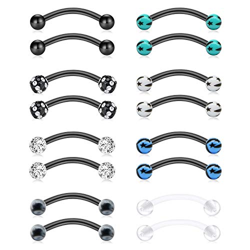 FECTAS 14g Stainless steel Nipple Rings Curved Barbell Piercing Jewelry Petite Belly Button Rings Curved Barbells for Women Men - style: black-16pcs-1