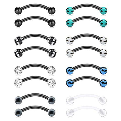 FECTAS 14g Stainless steel Nipple Rings Curved Barbell Piercing Jewelry Petite Belly Button Rings Curved Barbells for Women Men - style: black-16pcs-1