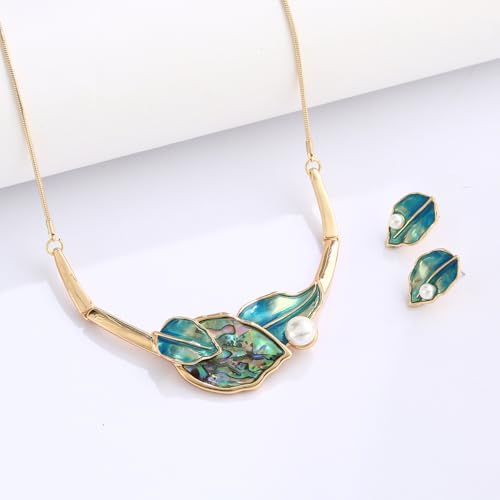 Chunky Statement Jewelry Set Blue Ocean Seashell Choker Necklaces Earrings Set for Women Pearl Bib Collar Necklaces for Party Prom Pageant Summer Fashion Jewelry Unique Birthday Gift - style: leaf abalone shell pearl gold blue