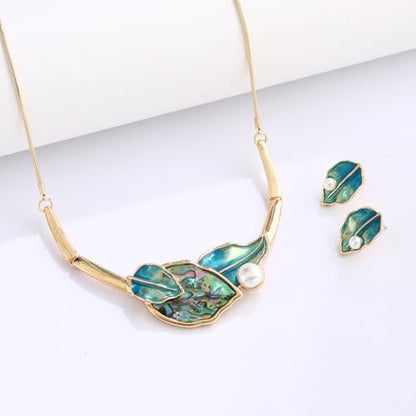 Chunky Statement Jewelry Set Blue Ocean Seashell Choker Necklaces Earrings Set for Women Pearl Bib Collar Necklaces for Party Prom Pageant Summer Fashion Jewelry Unique Birthday Gift - style: leaf abalone shell pearl gold blue