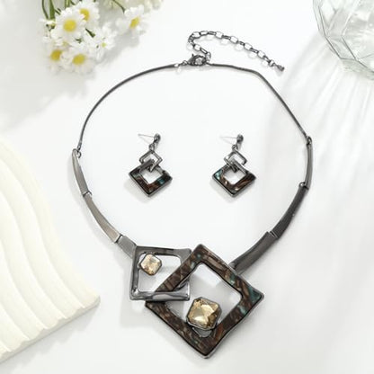 Vintage Statement Jewelry Set - Chunky Flower Floral Plant Geometric Resin Bib Necklace Earring Set Bohemian Boho Crystal Rhinestone Fashion Jewelry for Women Bridal Party Prom Unique Gift - style: MLJS2603
