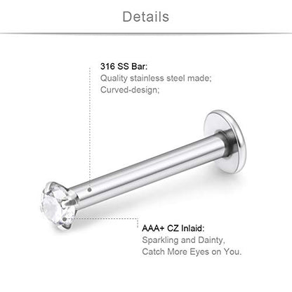 SCERRING 16G Lip Rings 6mm 8mm 10mm Acrylic & Stainless Steel Labret Monroe Lip Ring Tragus Rook Helix Earring Stud Piercing Jewelry with 2mm CZ 20-40PCS - style: 20PCS - 8mm w Mix Color CZ