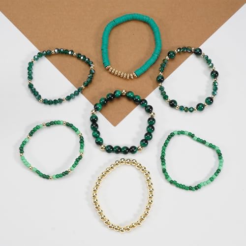 7/12Pcs Set Bohemian Stackable Crystal Seed Beaded Elastic Stretch Bracelet Multilayerd Handmade Brass Bead for Women Jewelry Surfer Heishi Polymer Clay Layering - color: red