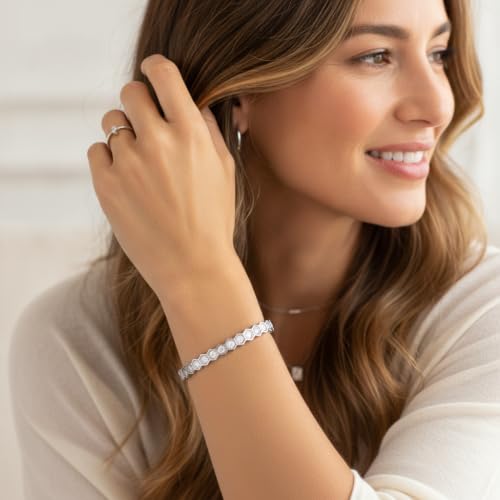 Joo&Rind Gold Bangle Bracelets for Women 18K Gold Plated Stainless Steel Bracelet Oval Hinged Bangles for Small Wrists Non Tarnish Waterproof with Cubic Zirconia Jewelry Gift for Everyday Wear Birthday - color: Zirconia-Edged Bangle-Silver