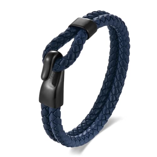 Mens Braided Leather Hook Bracelet,Two-row Leather with Black Stainless Steel Hook Clasp, Minimalist Style - color: Navy Blue