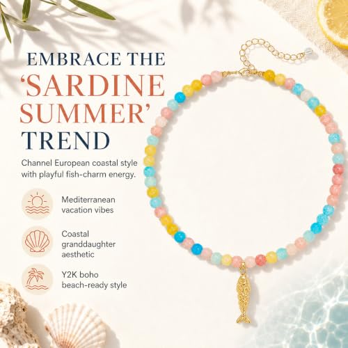 YUJIE Dainty Fish Pendant Necklace for Women 14k Gold Plated Ocean Fish Charm Necklace Summer - color: colorful beaded