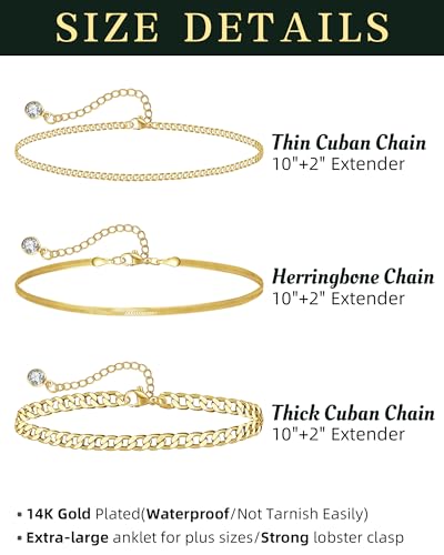 Plus Size Ankle Bracelets for Women - Extra Large 10"+2" Adjustable Anklet 14K Real Gold Plated Anklet Cuban Link, Figaro, Rope, Snake Herringbone - Summer Beach Waterproof Foot Jewelry - color: Curb, Chunky Curb,Snake