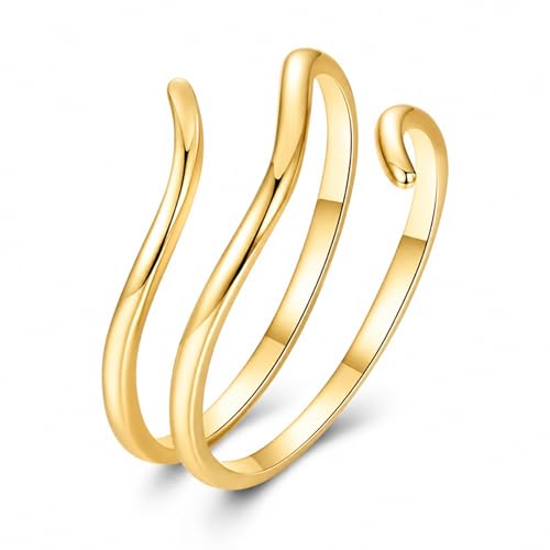 Silver Open Adjustable Stacking Rings for Women, Minimalist Wrap Band Set, Geometric/Heart/Wave/Leaf/Spiral Styles, Hypoallergenic, Gift Box Included, Thumb Ring Option - color: 14K Simple Lines