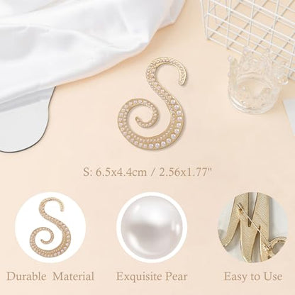 A-Z Initial 26 Letter Brooch Pins, Gold Faux Pearl Alphabet Badges Breastpin for Hat Bag Dress Coat Suit Accessory, Elegant Name Personalized Gifts for Women Men - color: S