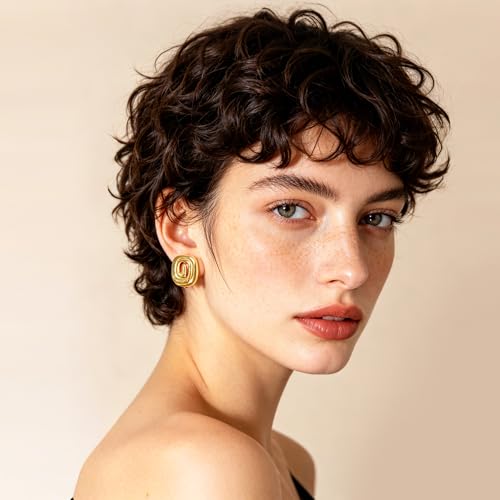 YUJIE Gold Spiral Square Clip On Earrings 18K Gold Plated Non Pierced Geometric Statement Earrings for Women Trendy Minimalist Jewelry