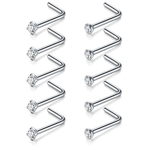 Briana Williams Nose Studs Nose Rings for Women 18G 20G Corkscrew Nose Ring Stainless Steel Nose Screw Studs Nose Rings Studs Surgical Steel Nostril Nose Piercing Jewelry - color: B -10pcs, silver