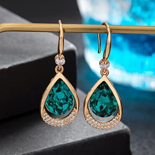 Austrian Crystal Halo Teardrop Hollow Drop Dangle Earrings for Women 14K Rose Gold Plated Hypoallergenic Jewelry Gifts - color: Emerald