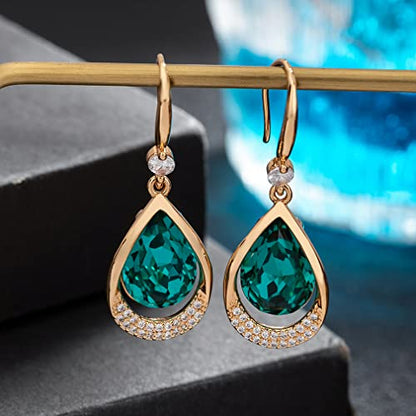 Austrian Crystal Halo Teardrop Hollow Drop Dangle Earrings for Women 14K Rose Gold Plated Hypoallergenic Jewelry Gifts - color: Emerald