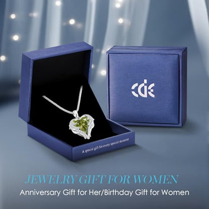 CDE Angel Wings Heart Birthstone Pendant Necklace Gift for Women | Silver/Gold Tone,Ideal Birthday & Anniversary Jewelry Gift for Wife,Girlfriend,Her - color: White-08-Aug-Peridot Green Birthstone