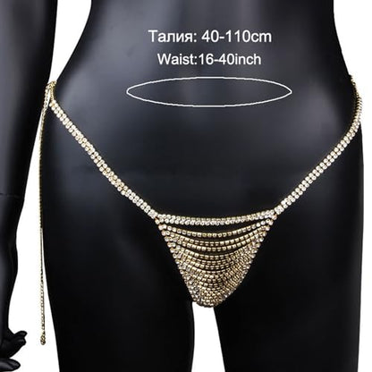 Rhinestone Waist Chain Thong Panties Crystal Chain Thong Panty Festival G String Hip Body Chain Jewelry for Women - color: Gold