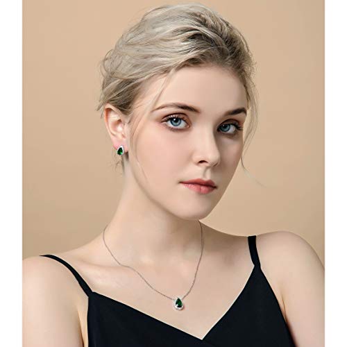 Women's Wedding Jewelry Set for Bride Teardrop CZ Necklace Earrings Set | Sterling Silver Pear Shape Necklace and Studs Crystal Rhinestone Costume Jewelry for Party Prom Bridesmaids - color: Emerald