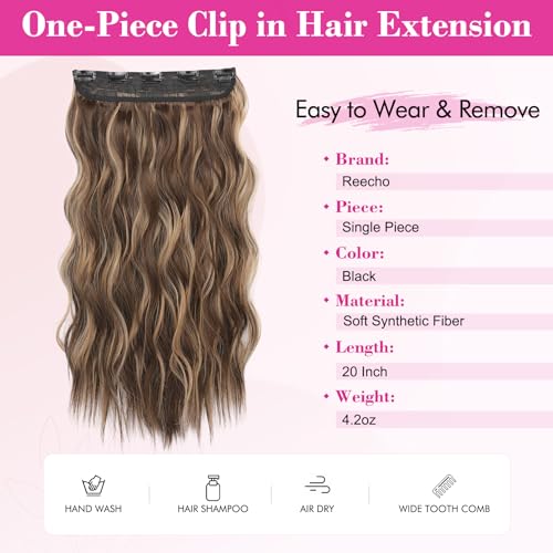 REECHO Clip in Hair Extensions, 20” One Piece Hair Extension Clip in Wefts Long Thick Beach Wavy Natural Soft Synthetic Hairpieces for Women, Chocolate Brown with Blonde Highlights - color: Chocolate Brown with Blonde Highlights - Wavy, size: 20 Inch (Pac