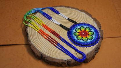 Handmade Native American Style Tribal ethnic Seed Bead Beaded Layered Medallion Necklace - color: Blue Floral