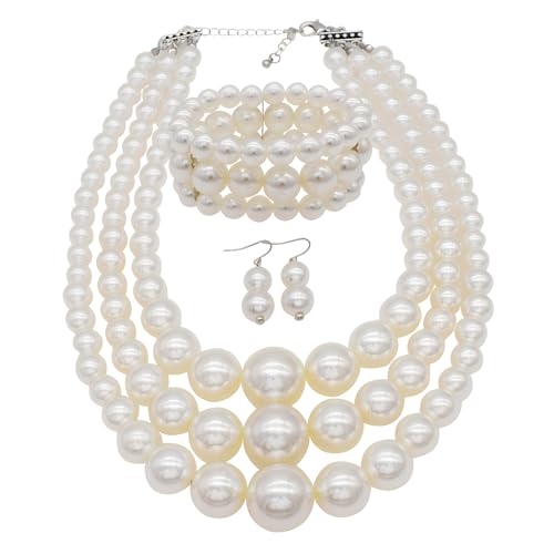 We We Imitation Pearl Necklace for Women Large Chunky Pearl Necklaces Multilayer Pearl Necklace and Earring 1920s Costume Jewelry set - color: white pearl necklace set