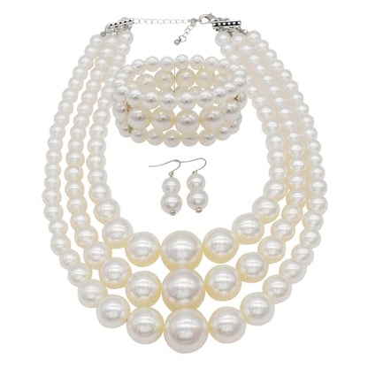 We We Imitation Pearl Necklace for Women Large Chunky Pearl Necklaces Multilayer Pearl Necklace and Earring 1920s Costume Jewelry set - color: white pearl necklace set